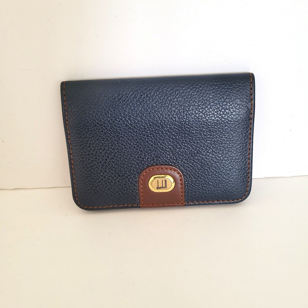 Dunhill Navy Blue Pebbled Leather Bifold Card Holder Wallet Brown Trim Spain